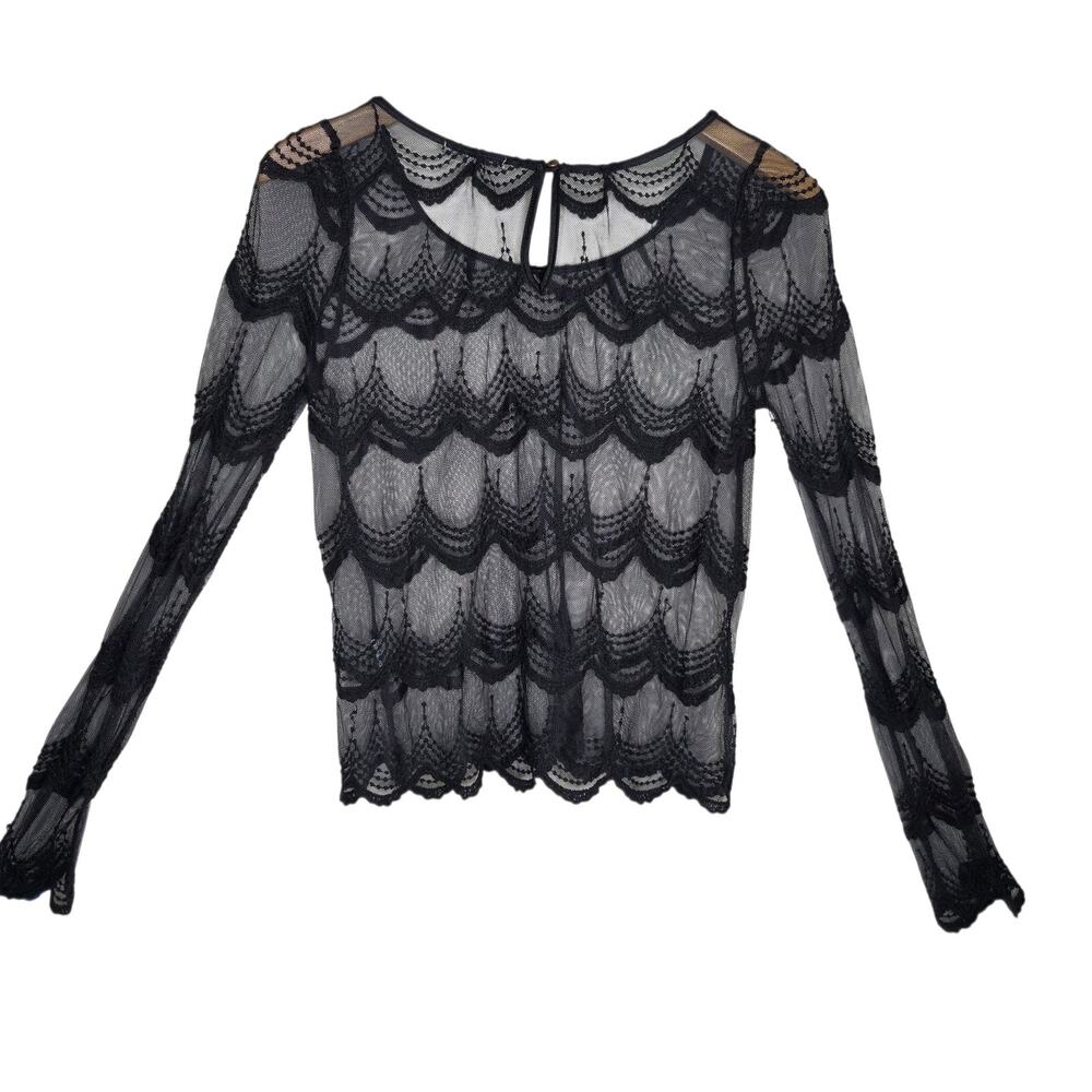 Charlotte Russe Black Sheer‎ Lace Scallop Long Sleeve Blouse Top SZ M Whimsygoth
